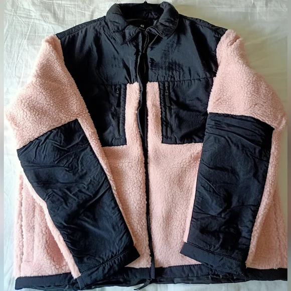 H&M Pink and Black Unisex Teddy Jacket Size L